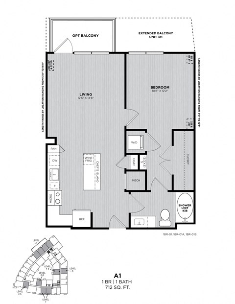 A drawing of a floor plan for a 1 BR 11 bath apartment.