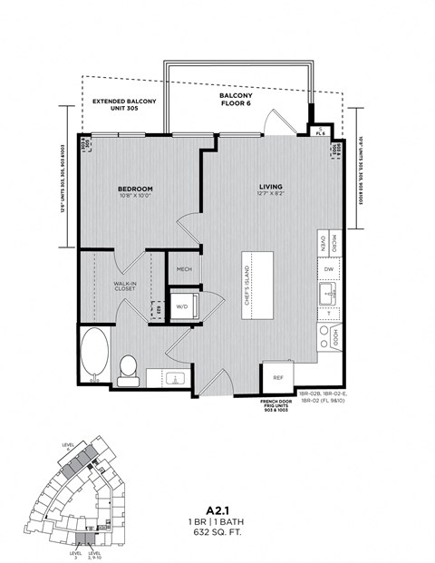 A floor plan of apartment A2.1 with a 1 BR 11 bath and 632 SQ. FT.