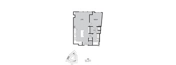 A black and white image of a floor plan for a 1 bedroom, 1 bath apartment.