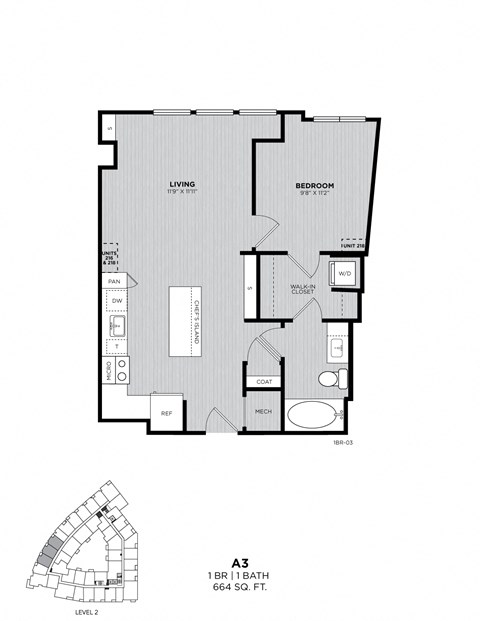 A black and white image of a floor plan for a 1 bedroom, 1 bath apartment.