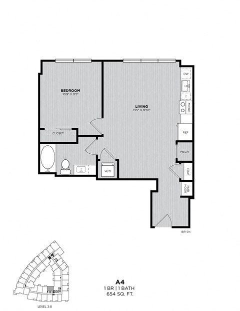 A floor plan of apartment A4 with a living room, bedroom, and bathroom.