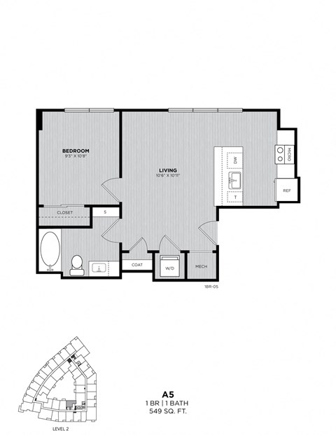 A floor plan of apartment A5 with a living room, bedroom, and bathroom.