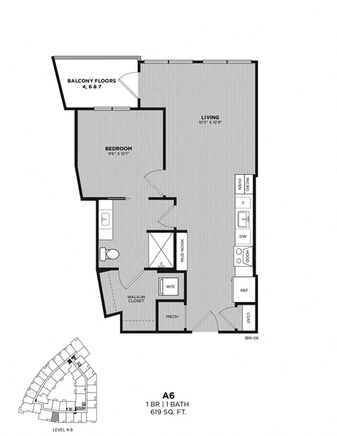 A drawing of a floor plan for apartment A6 with 1 BR and 1 bath.