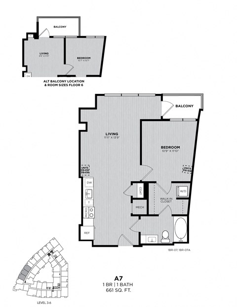 A detailed diagram of apartment A7, showing the layout of the living room, bedroom, bathroom, and other features.
