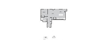 A drawing of a floor plan for a 1 bedroom, 1 bath apartment.