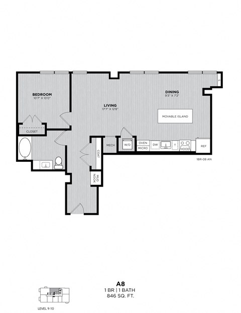 A drawing of a floor plan for a 1 bedroom, 1 bath apartment.
