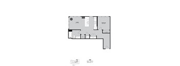 A black and white drawing of a floor plan for a 1 bedroom, 1 bath apartment.