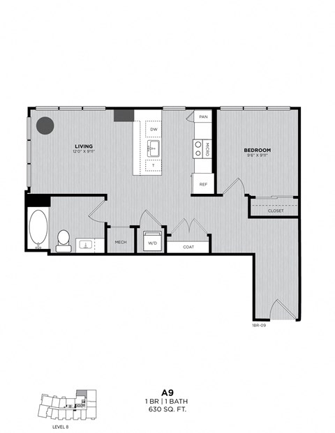 A black and white drawing of a floor plan for a 1 bedroom, 1 bath apartment.