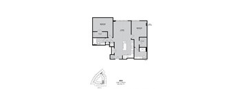 A floor plan of a 2 bedroom apartment with a living area and a bathroom.