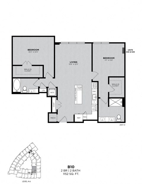 A floor plan of a 2 bedroom apartment with a living area and a bathroom.
