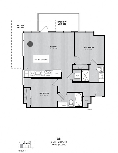A black and white image of a floor plan for a 2 bedroom, 2 bath apartment.