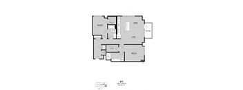 A floor plan of a 2 bedroom, 2 bath apartment with living room, dining room, kitchen, and balcony.