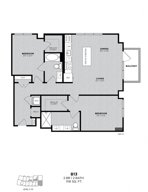 A floor plan of a 2 bedroom, 2 bath apartment with living room, dining room, kitchen, and balcony.