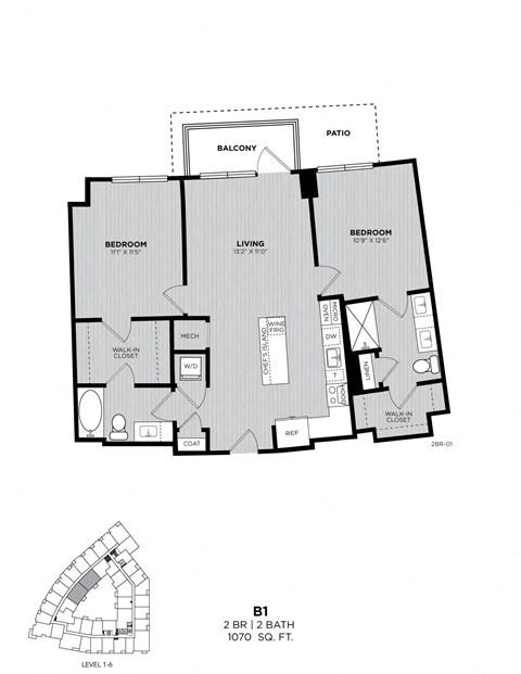 A floor plan of a 2 bedroom, 2 bathroom apartment with a balcony and living room.