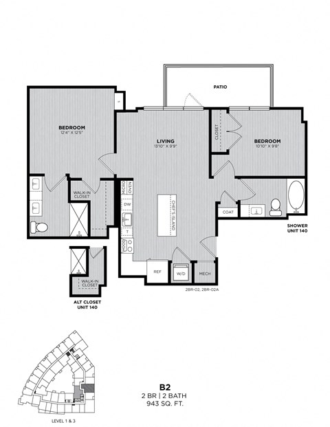 A floor plan of apartment B2 with two bedrooms and a living area.
