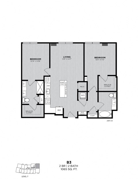 A floor plan of a 2 bedroom, 2 bath apartment with living room and dimensions.