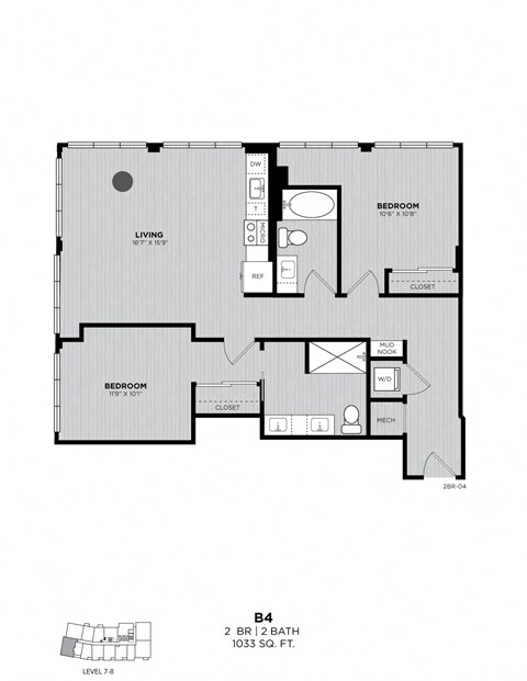 A black and white image of a floor plan for a 2 bedroom, 2 bathroom apartment.