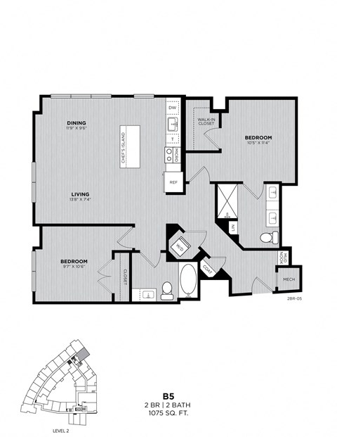 A floor plan of a two-bedroom apartment with a living room, dining room, and bathroom.