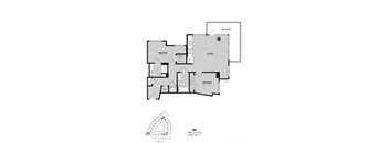 A black and white image of a floor plan for a B6 apartment with two bedrooms, a living room, a balcony, and a bathroom.