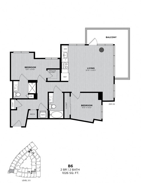 A black and white image of a floor plan for a B6 apartment with two bedrooms, a living room, a balcony, and a bathroom.