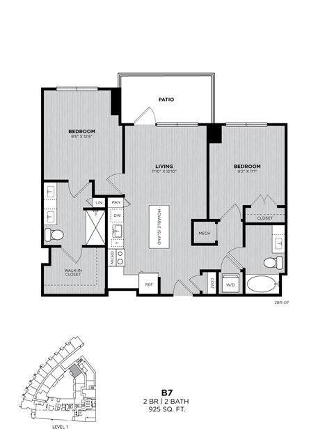 A floor plan of apartment B7 with 2 beds, a living room, a bathroom, and a kitchen.