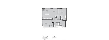 A floor plan of a 2 bedroom, 2 bath apartment with a living area and dining area.