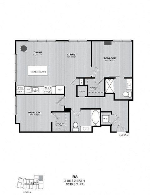 A floor plan of a 2 bedroom, 2 bath apartment with a living area and dining area.