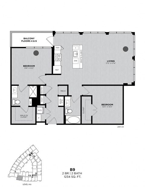 A black and white image of a floor plan for a 2 bedroom apartment.