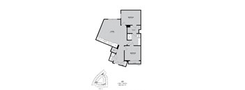 A floor plan of a two-bedroom apartment with a living room, kitchen, and bathroom.