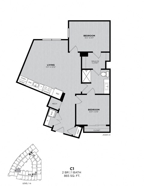 A floor plan of a two-bedroom apartment with a living room, kitchen, and bathroom.