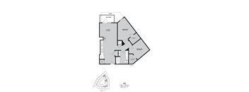 A floor plan of a condo unit with two bedrooms and a living area.