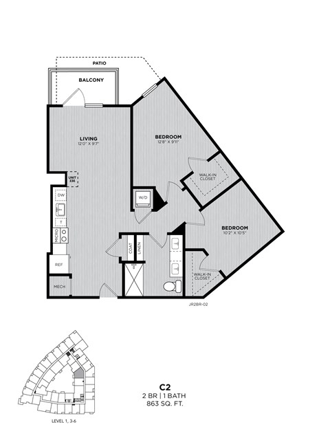 A floor plan of a condo unit with two bedrooms and a living area.