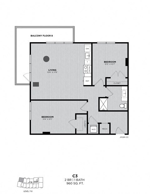 A floor plan of a condo unit with two bedrooms and a living area.