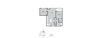 A black and white image of a floor plan for a two-bedroom apartment.