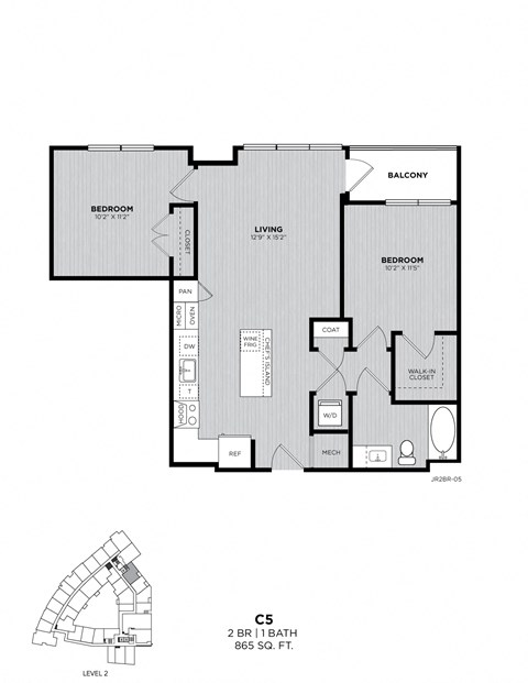 A black and white image of a floor plan for a two-bedroom apartment.