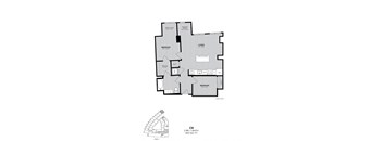 A floor plan of a two bedroom, one bath apartment.