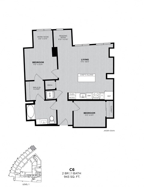 A floor plan of a two bedroom, one bath apartment.