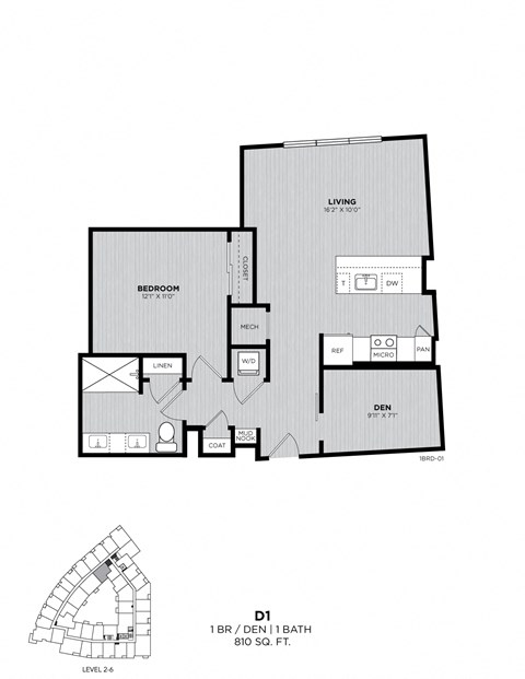 A black and white floor plan of a one bedroom apartment.