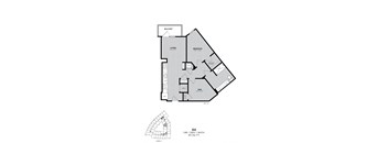 A black and white image of a house floor plan with a balcony, living room, bedroom, bathroom, coat area, and kitchen.