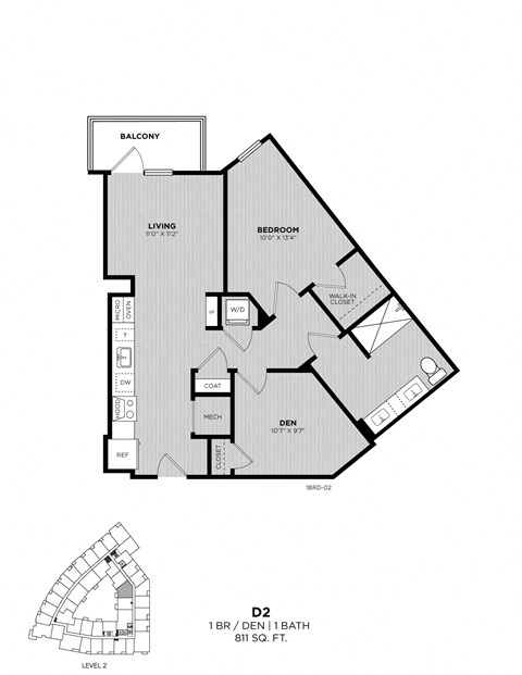 A black and white image of a house floor plan with a balcony, living room, bedroom, bathroom, coat area, and kitchen.