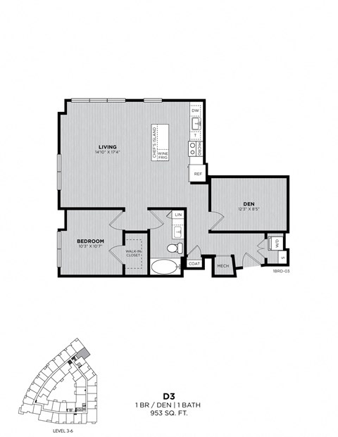 A black and white image of a floor plan for a D3 apartment.