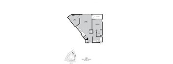 A black and white image of a floor plan for a one bedroom apartment.