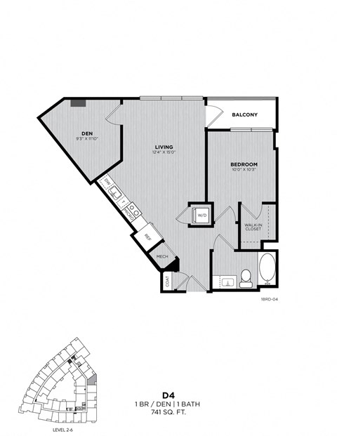 A black and white image of a floor plan for a one bedroom apartment.