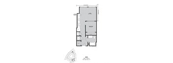 A drawing of a floor plan for a 1 bedroom apartment.