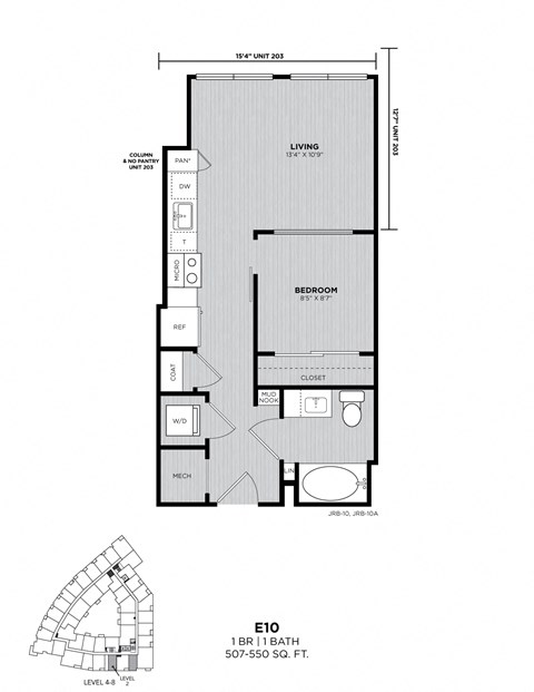 A drawing of a floor plan for a 1 bedroom apartment.