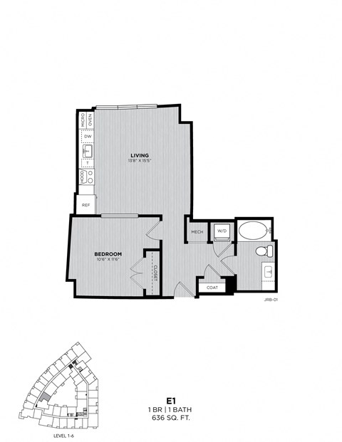 A floor plan of a 1 bedroom 11 bath apartment.