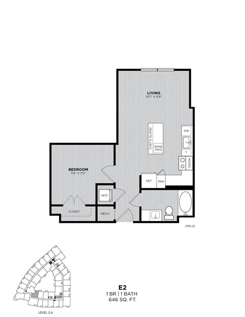 A black and white image of a floor plan for a 1 bedroom apartment.