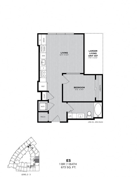 A floor plan for a 1 bedroom, 1 bath unit at 673 square feet.