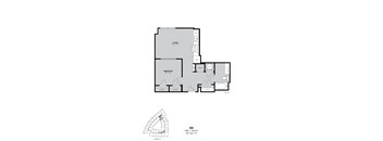 A black and white image of a floor plan for a 1 bedroom, 1 bathroom apartment.