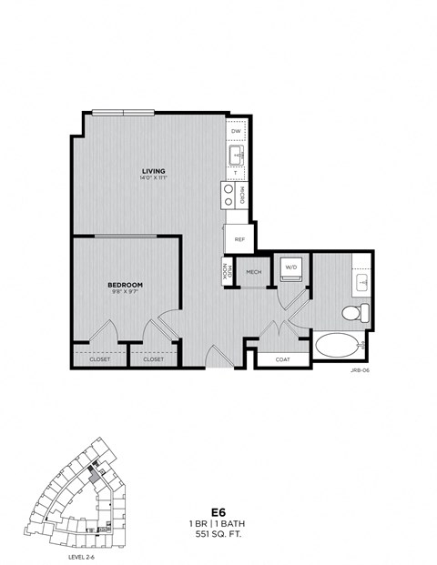 A black and white image of a floor plan for a 1 bedroom, 1 bathroom apartment.